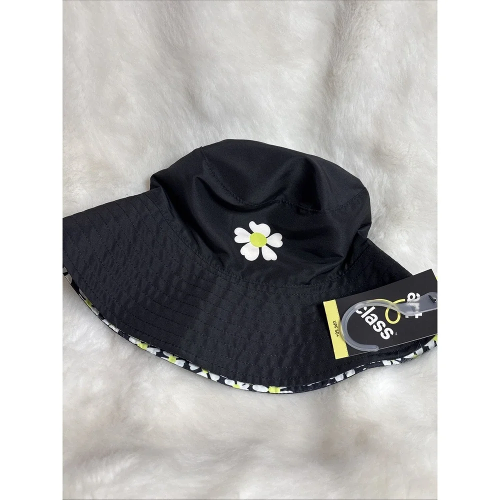 Girls' Reversible Daisy Printed Bucket Hat, Black, OSFM, UPF 50+ Art Class NWT